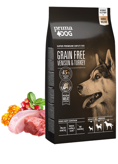 Grain-free dry dog food Venison and Turkey with ingredients PrimaDog