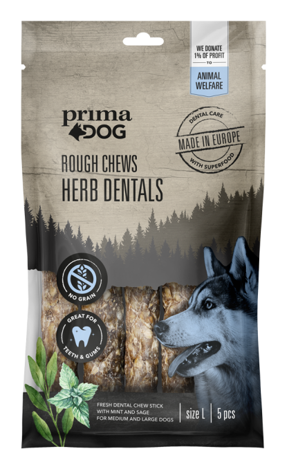 PrimaDog Dental chew herb is a grain-free chewy treat for big dog's dental health